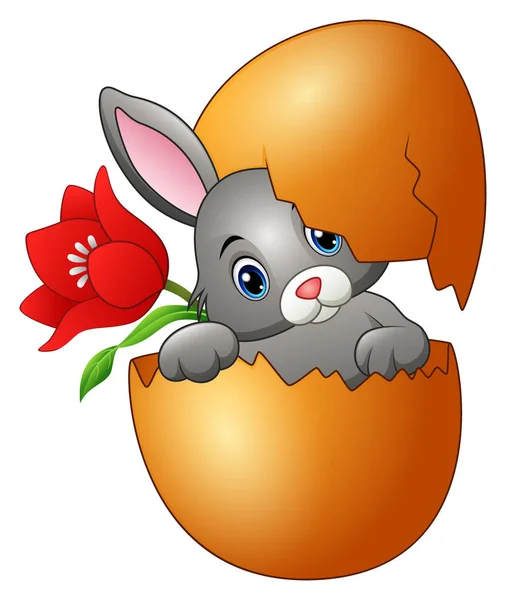 Vector Illustration Easter Bunny Hatched Egg Red Flower — Stock Vector