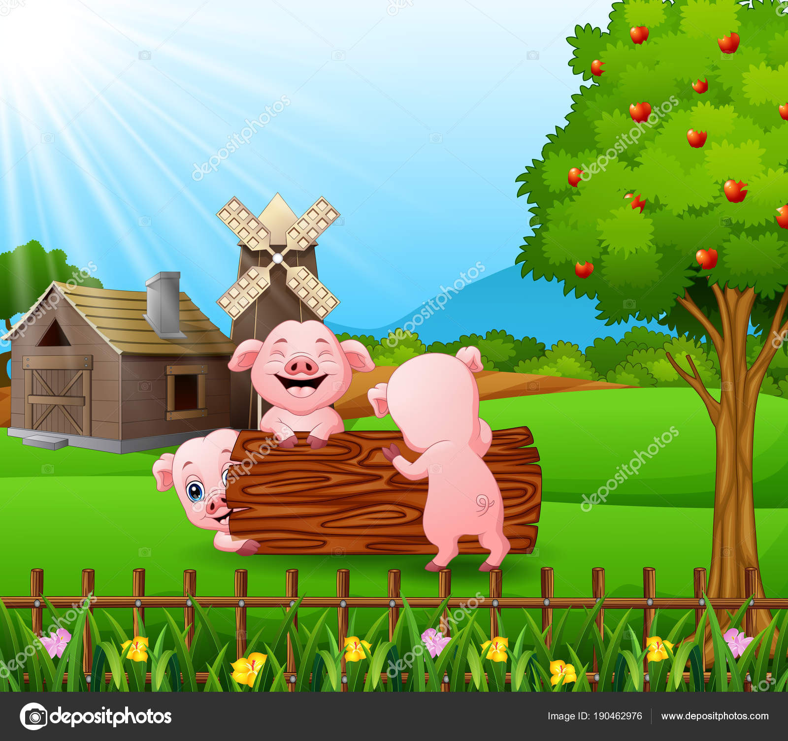 Векторная Иллюстрация Мультфильма Три Поросенка Играют Логе.