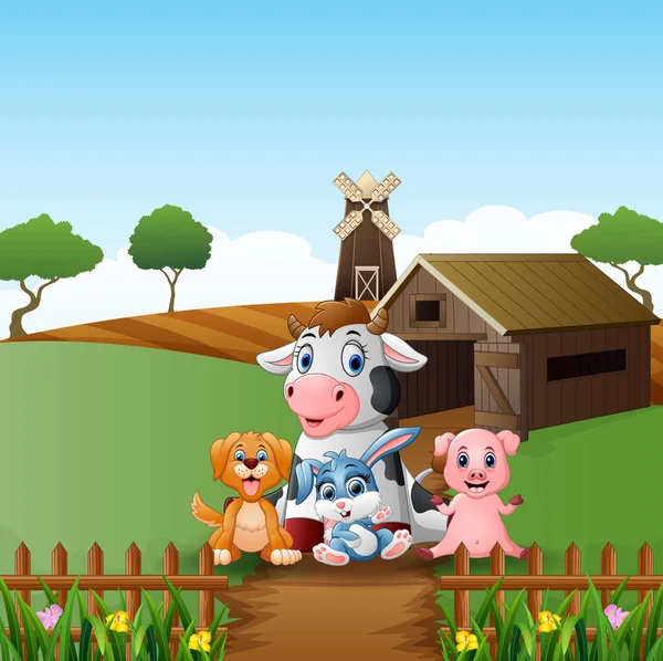 Vektorillustration Des Bauernhof Hintergrunds Mit Glücklichen Tieren — Stockvektor