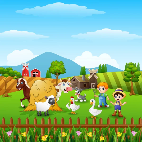Ilustração Vetorial Pequenos Agricultores Desenhos Animados Com Animais Fazenda —  Vetores de Stock