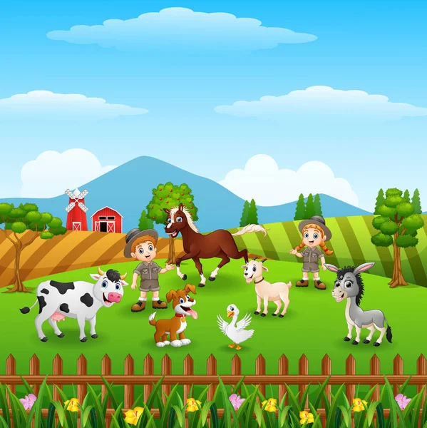 農場の動物と飼育係のベクトル イラスト — ストックベクタ