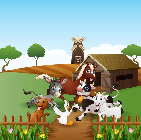 Ilustração Vetorial Fundo Fazenda Com Animais Felizes —  Vetores de Stock