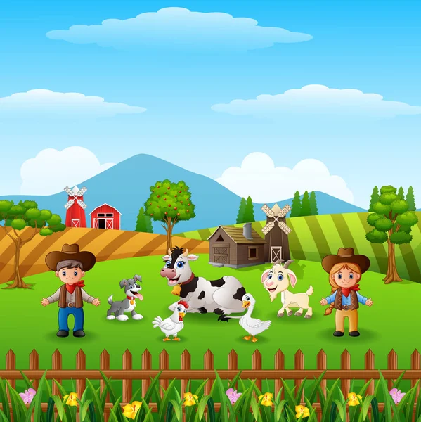 Vektorové Ilustrace Kovboje Cowgirl Zvířata Farmě — Stockový vektor