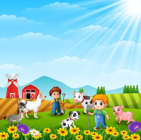 Vector Illustration Farmers Working Hill Animals — Stock Vector