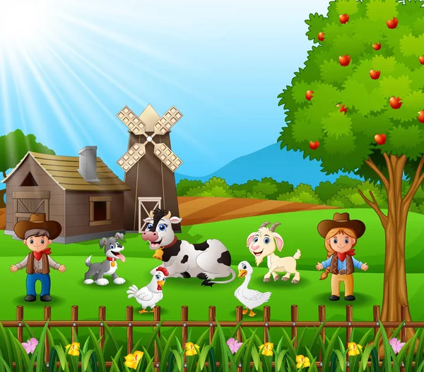 Ilustração Vetorial Cowboy Com Uma Vaqueira Animais Fazenda —  Vetores de Stock