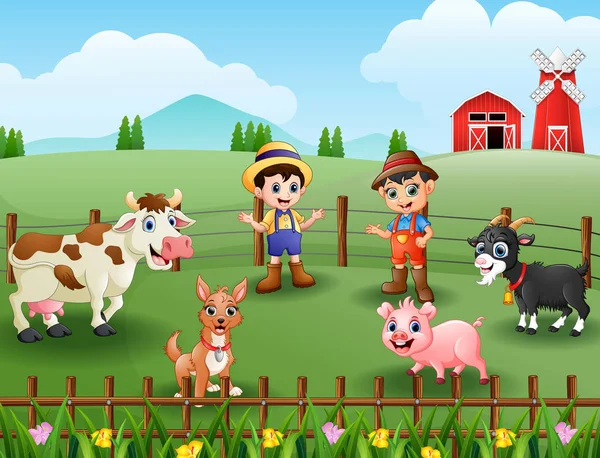 Illustration Vectorielle Des Activités Des Jeunes Agriculteurs Avec Des Animaux — Image vectorielle