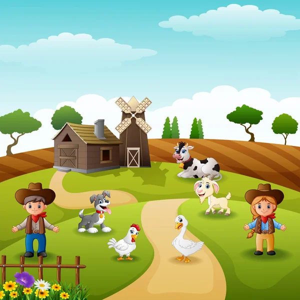 Illustration Vectorielle Cow Boy Cow Girl Ferme Avec Des Animaux — Image vectorielle