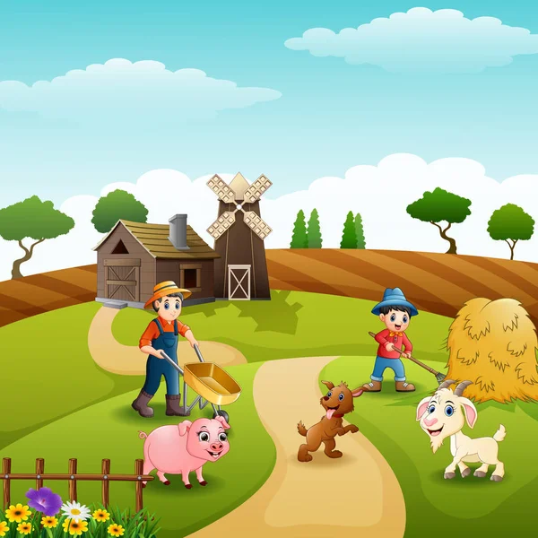 Ilustração Vetorial Das Atividades Agrícolas Fazendas Com Animais —  Vetores de Stock