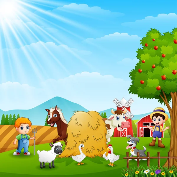 Ilustracja Wektorowa Rolników Hodujących Zwierzęta Farmie — Wektor stockowy