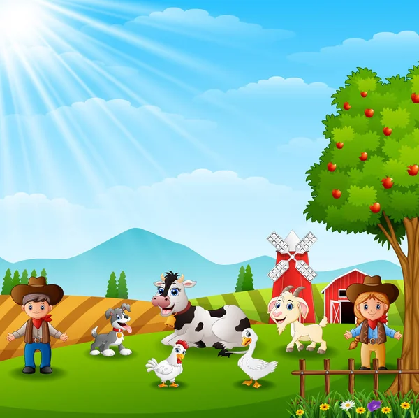 Illustration Vectorielle Cow Boy Cow Girl Ferme Avec Des Animaux — Image vectorielle