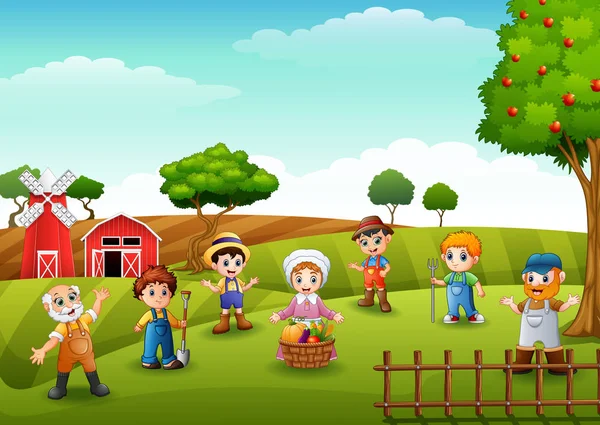 Vektorové Ilustrace Skupiny Zemědělců Zahradník Farmě — Stockový vektor