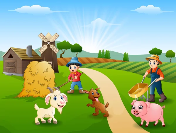Vektorillustration Der Landwirtschaftlichen Aktivitäten Auf Bauernhöfen Mit Tieren Vor Dem — Stockvektor