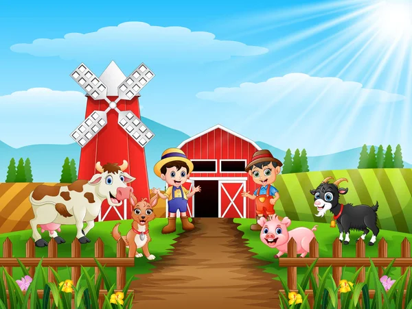 Ilustración Vectorial Actividades Jóvenes Agricultores Con Animales Granja — Vector de stock