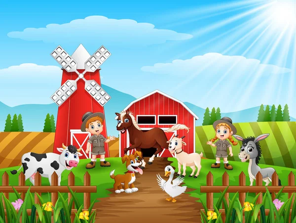 Ilustracja Wektorowa Zookeepers Trzymane Zwierzęta Przed Klatki Farmie — Wektor stockowy