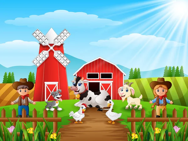 Ilustracja Wektorowa Kowboj Cowgirl Farmę Zwierzętami — Wektor stockowy