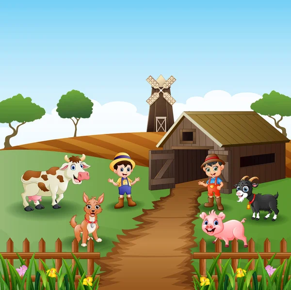 Vetor Ilustração Jovens Agricultores Atividades Com Animais Frente Gaiola —  Vetores de Stock