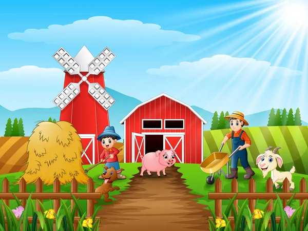 Vector Illustration Farming Activities Farms Animals Front Cage — Stock Vector