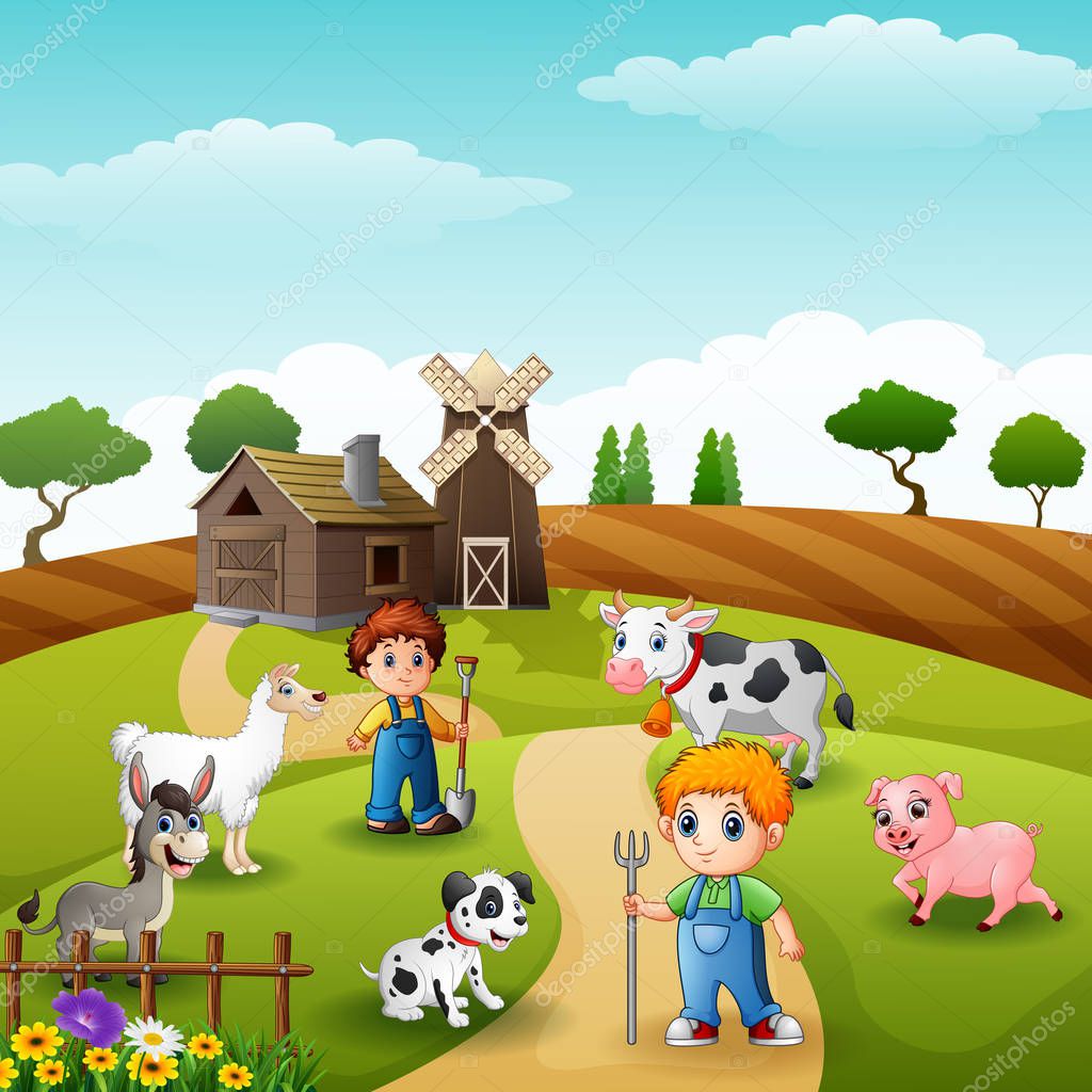 Vector illustration of The farmers keeping animals in farm at morning 