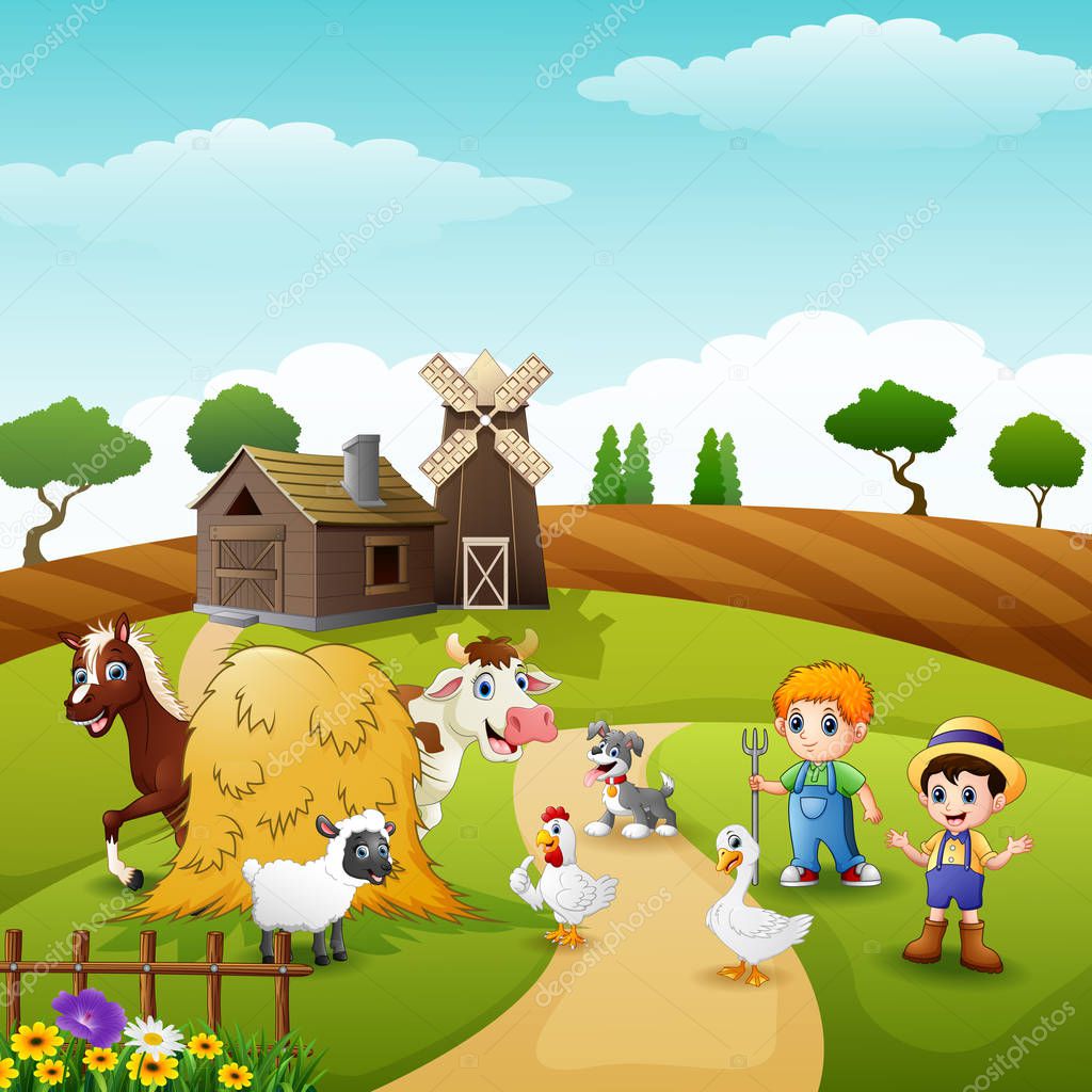 Vector illustration of The farmers keeping the animals on the farm