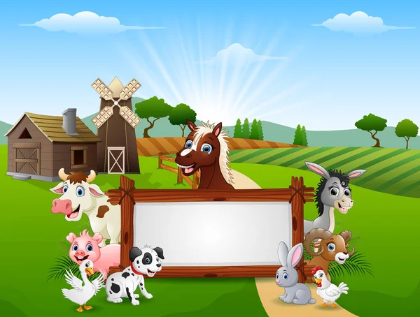 Vector Illustration Animals Blank Sign Board Farm — Stock Vector