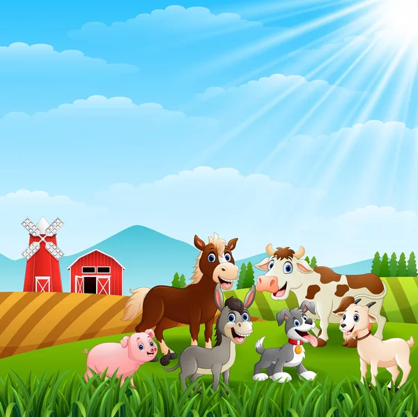 Gün Işığından Yararlanma Çiftlikte Mutlu Hayvanlar Vektör Çizim — Stok Vektör