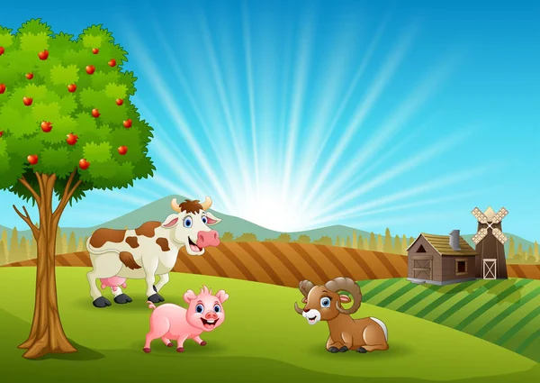 Векторная Иллюстрация Счастливых Сельскохозяйственных Животных Утром — стоковый вектор