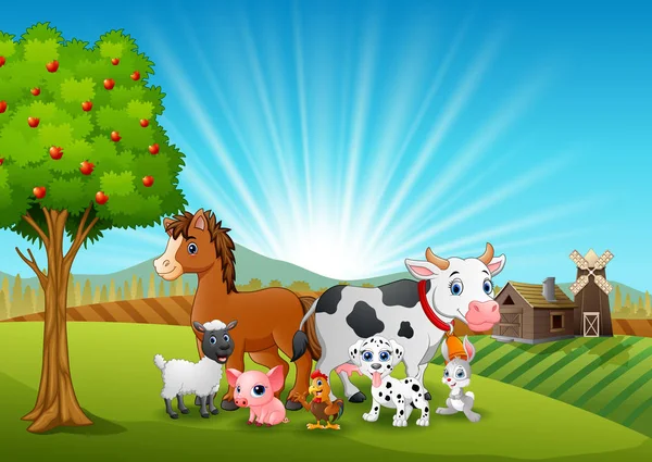 Vector Illustration Happy Animals Farm Background — Stock Vector