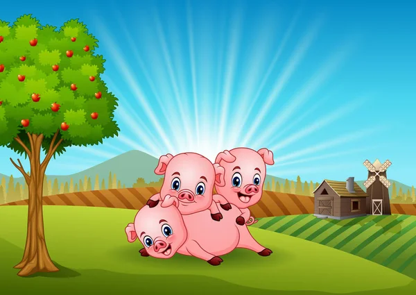 Illustration Vectorielle Trois Petits Cochons Jouant Dans Ferme — Image vectorielle