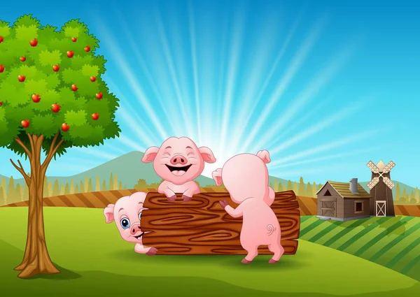 Ilustração Vetorial Três Porquinhos Brincando Fazenda — Vetor de Stock
