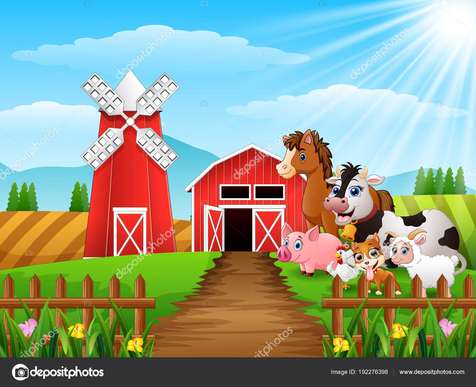 Ilustración Vectorial Animales Felices Granja Vector de stock por