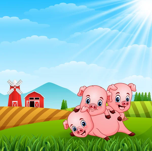 Illustration Vectorielle Trois Petits Cochons Jouant Dans Les Collines — Image vectorielle