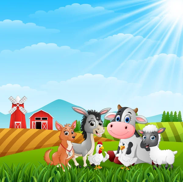 Ilustracja Wektorowa Cute Zwierząt Farm Wzgórzach — Wektor stockowy