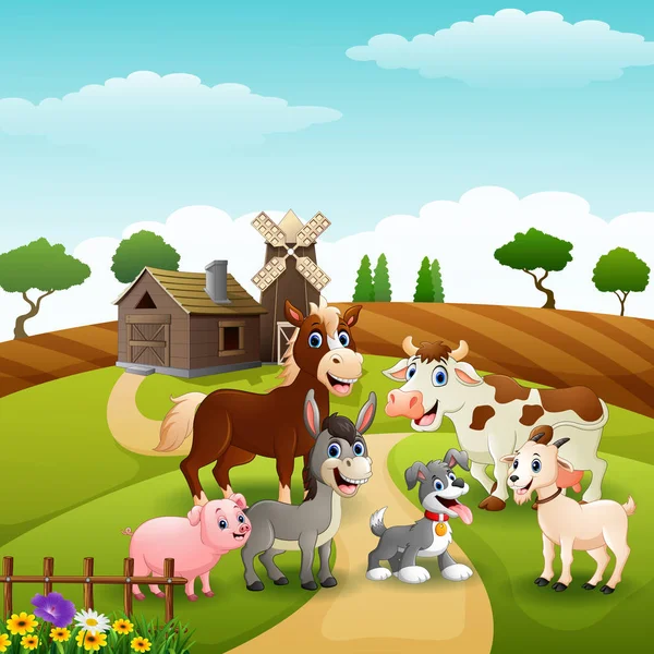 Ilustração Vetorial Animais Felizes Fundo Fazenda — Vetor de Stock