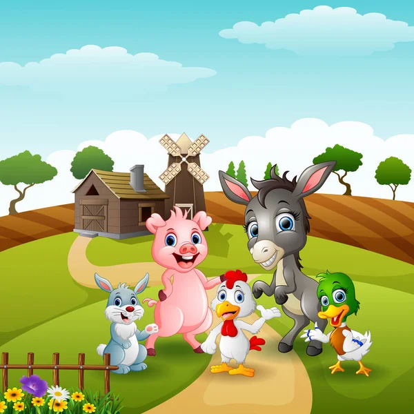 Vector Illustration Happy Little Animals Farm Path — Stock Vector