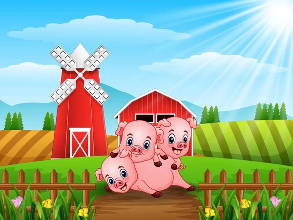 Vector Illustration Three Little Pigs Playing Together — Stock Vector