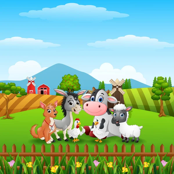 Ilustração Vetorial Animais Fazenda Bonitos Nas Colinas —  Vetores de Stock