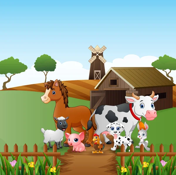 Vector Illustration Farm Animals Happy Front Cage — Stock Vector