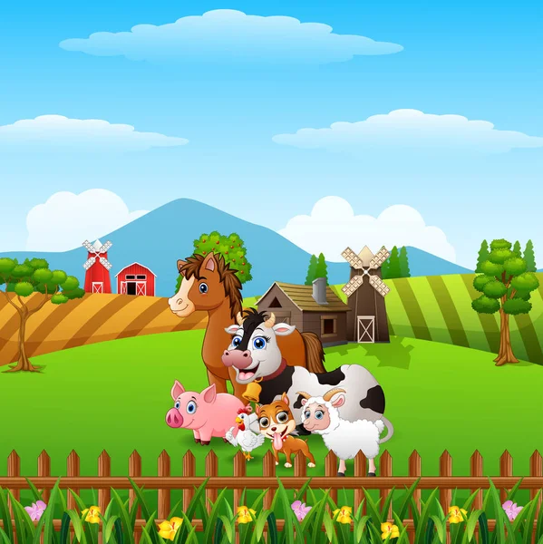 Ilustração Vetorial Animais Fazenda Felizes Colinas —  Vetores de Stock