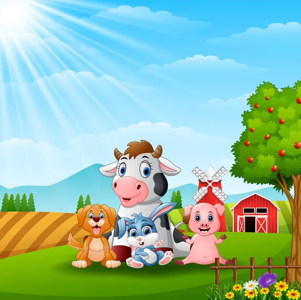 Vector Illustration Happy Little Animals Farm — Stock Vector