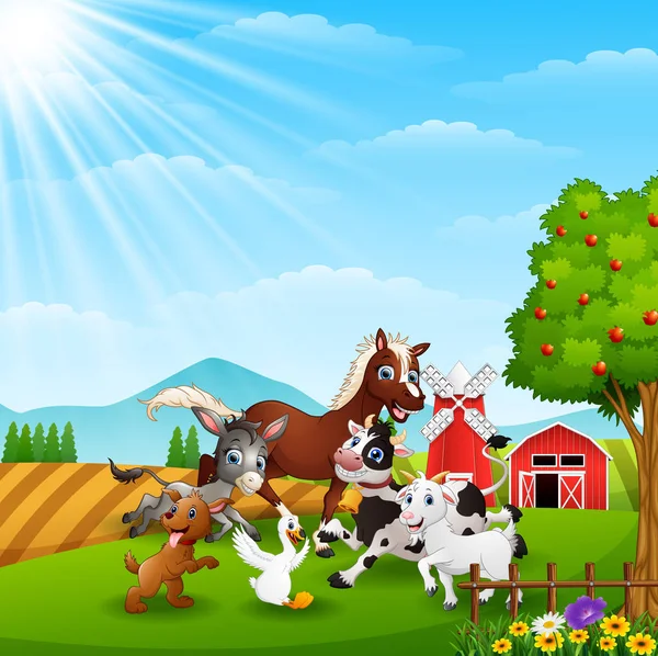 Vector illustration of Happy animals at farm background