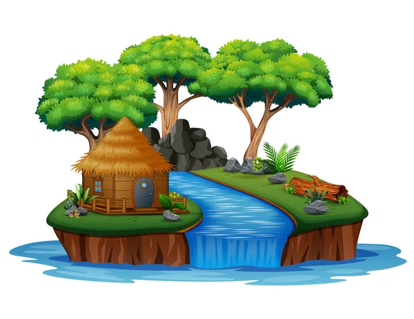 Île Avec Hutte Illustration Cascade — Image vectorielle