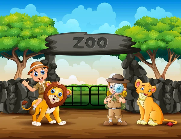 Die Zoowärter Jungen Und Wilde Tiere Zoo — Stockvektor