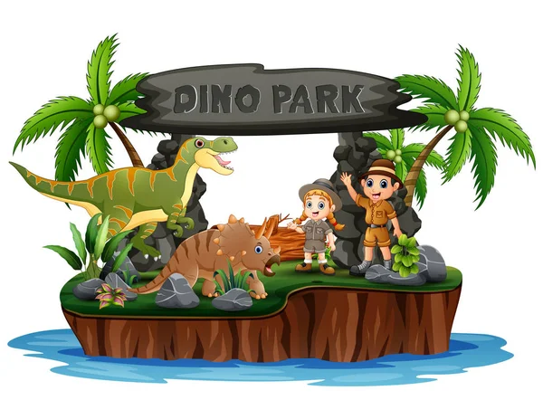 Guardabosques Con Dinosaurios Parque Dinos — Vector de stock