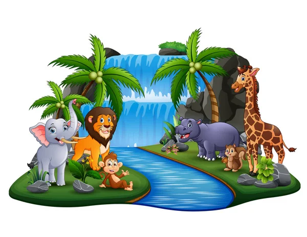 Animais Selvagens Desenhos Animados Ilha Cena —  Vetores de Stock