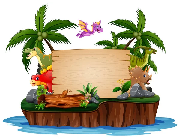 島に木製の看板を持つ恐竜 — ストックベクタ