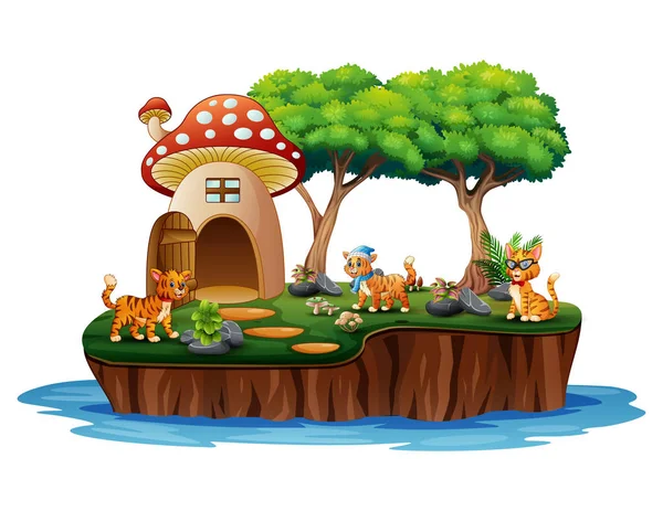 Uma Casa Cogumelos Com Muitos Gatos Ilha —  Vetores de Stock