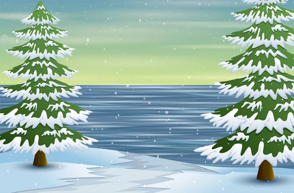 Winterlandschaft Mit Gefrorenem See Und Tannen — Stockvektor