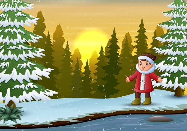 关于冬季森林的男孩卡通片 — 图库矢量图片