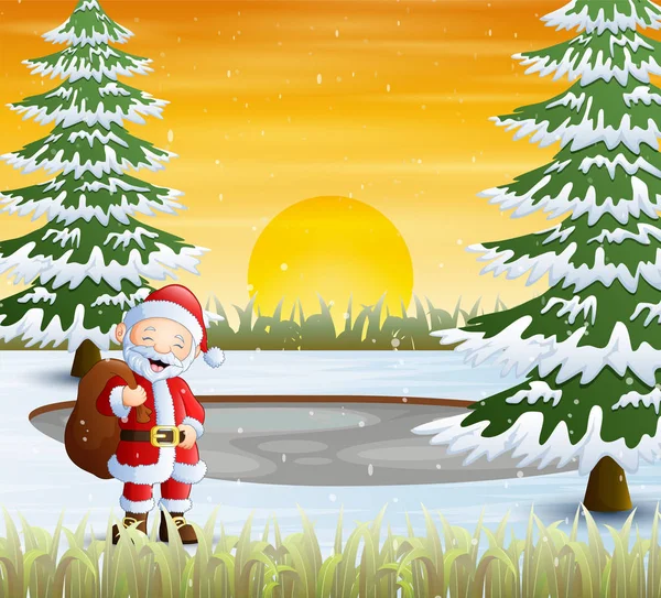 Зимний Пейзаж Санта Клаусом Мешком Подарков — стоковый вектор