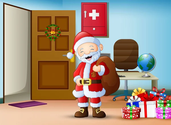 Santa Claus Trae Una Bolsa Regalo Espacio Trabajo — Vector de stock